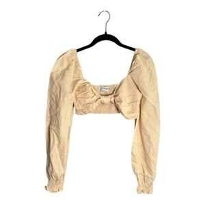Charlie Holiday Tan Long Sleeve Linen Cropped Knot Front Top Smocked Back 6